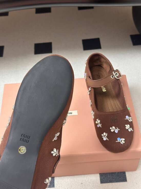 Miu Miu Brown Rhinestone-Embellished Mary Jane Ballet Flats - Picture 6 of 8